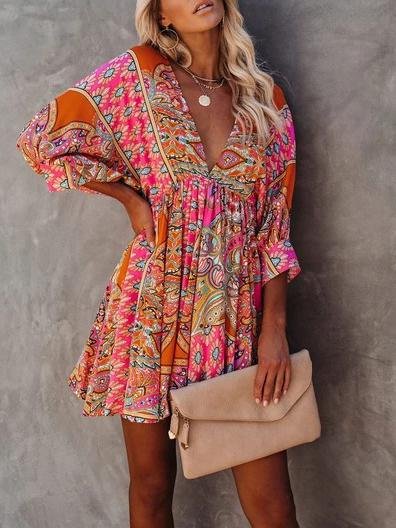 Floral V-neck High Waist Mid-sleeved Dress - LuckyFash™