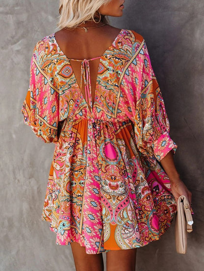 Floral V-neck High Waist Mid-sleeved Dress - LuckyFash™