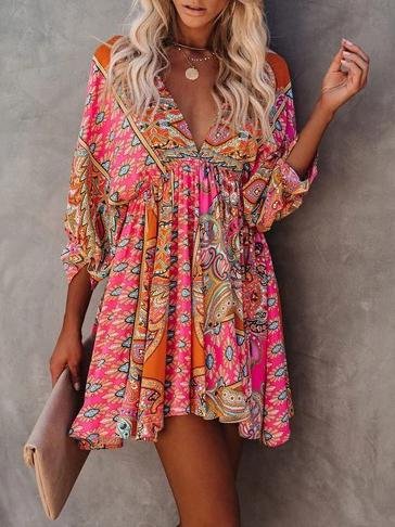 Floral V-neck High Waist Mid-sleeved Dress - LuckyFash™