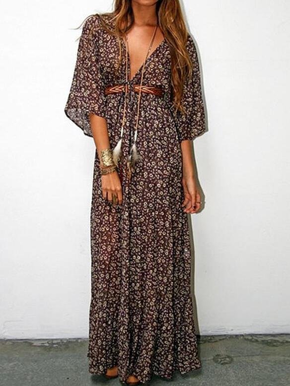 Floral V-neck Mid-sleeve Long Dress - LuckyFash™