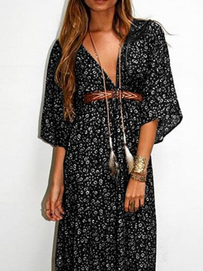 Floral V-neck Mid-sleeve Long Dress - LuckyFash™