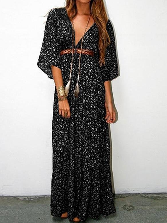 Floral V-neck Mid-sleeve Long Dress - LuckyFash™