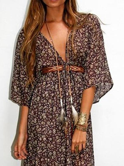 Floral V-neck Mid-sleeve Long Dress - LuckyFash™