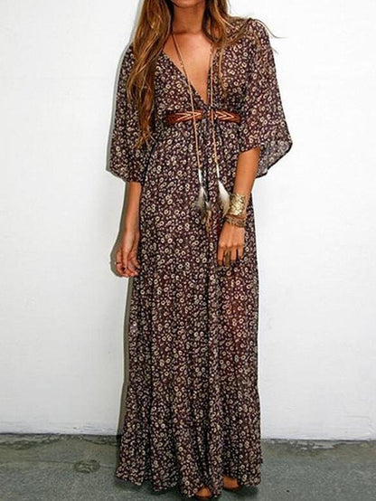 Floral V-neck Mid-sleeve Long Dress - LuckyFash™