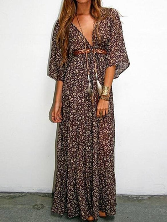 Floral V-neck Mid-sleeve Long Dress - LuckyFash™