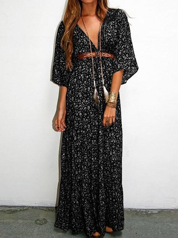 Floral V-neck Mid-sleeve Long Dress - LuckyFash™