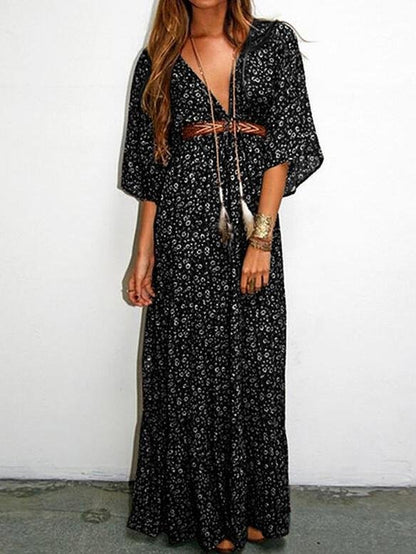 Floral V-neck Mid-sleeve Long Dress - LuckyFash™