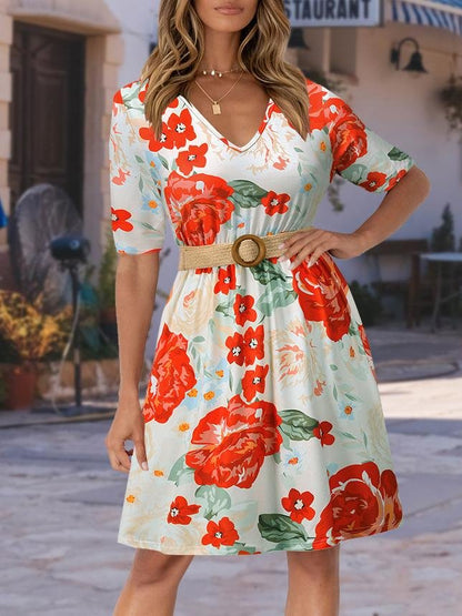 Floral V Neck Mini Dress With Belt - LuckyFash™
