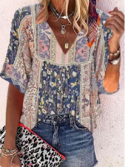 Floral V-neck Print Stitching Short-sleeved T-shirt - LuckyFash™