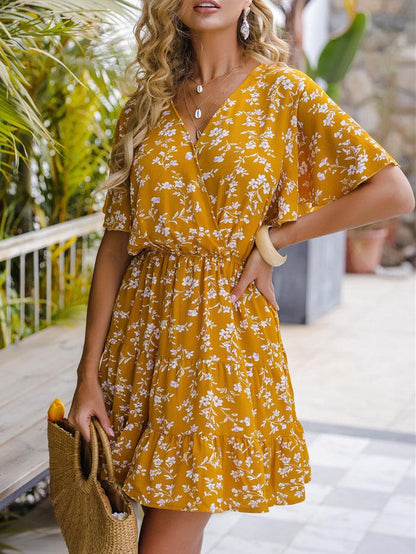 Floral V-neck Ruffle Sleeve Dress - LuckyFash™
