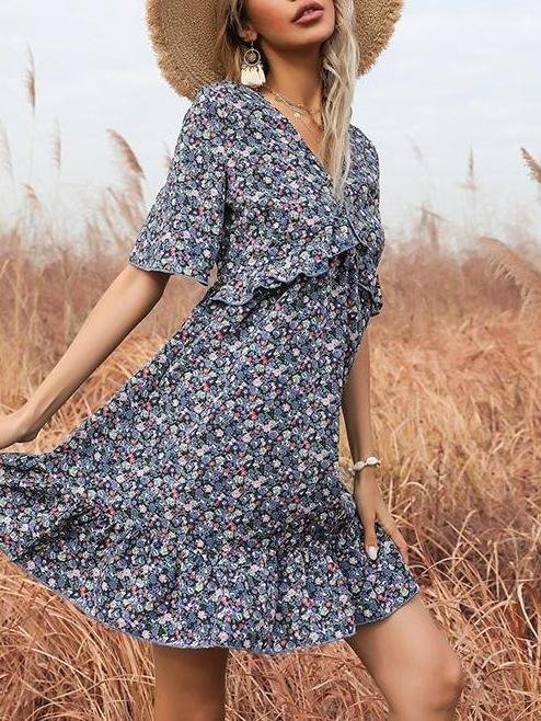 Floral V Neck Ruffled Cutout Backless Dress - LuckyFash™