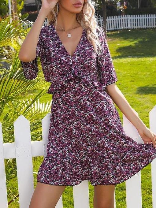 Floral V Neck Ruffled Cutout Backless Dress - LuckyFash™