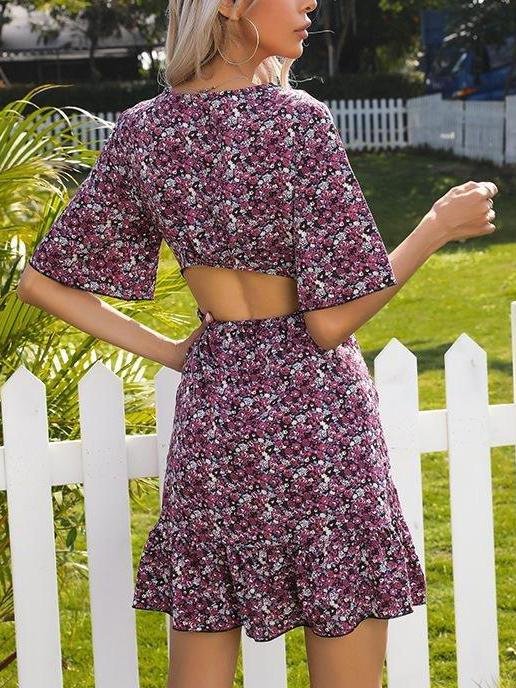 Floral V Neck Ruffled Cutout Backless Dress - LuckyFash™