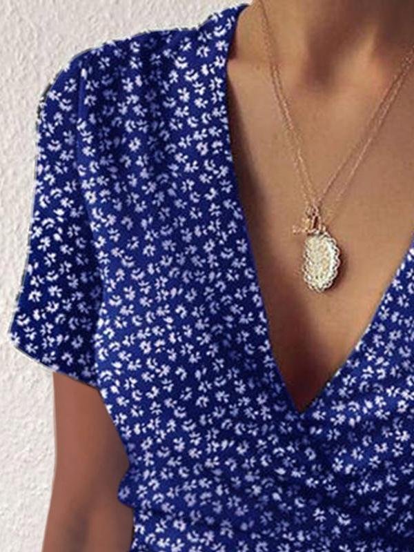 Floral V-neck Short Sleeve Ruffled Dress - LuckyFash™