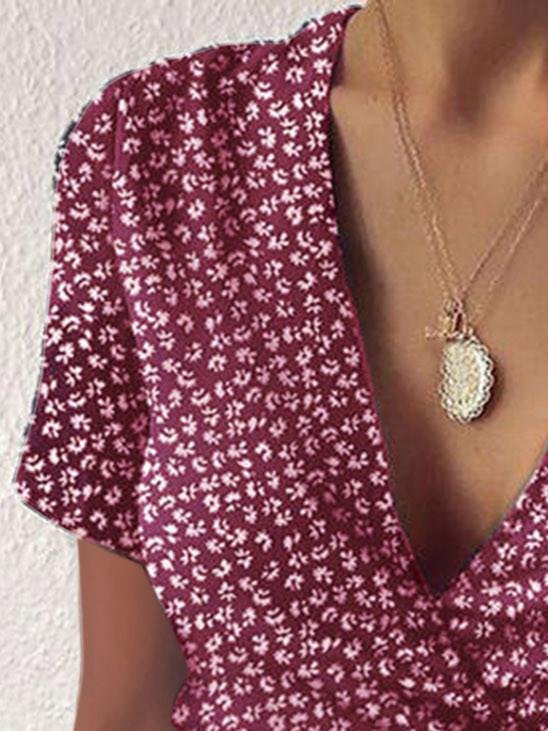 Floral V-neck Short Sleeve Ruffled Dress - LuckyFash™