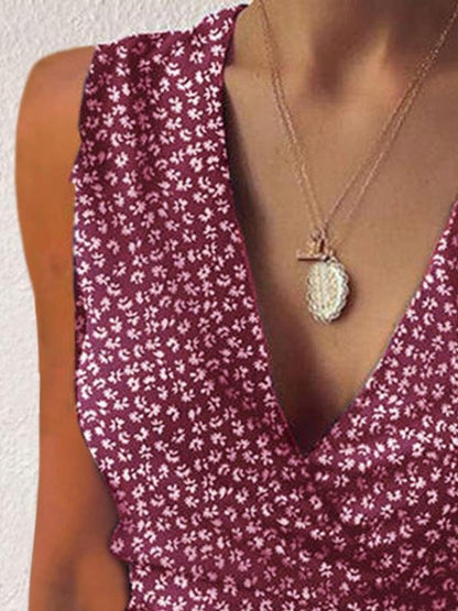 Floral V-neck Sleeveless Ruffled Hem Dress - LuckyFash™