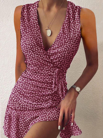 Floral V-neck Sleeveless Ruffled Hem Dress - LuckyFash™