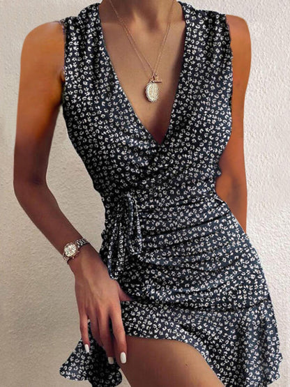 Floral V-neck Sleeveless Ruffled Hem Dress - LuckyFash™