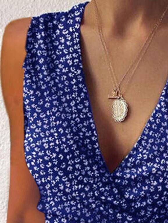 Floral V-neck Sleeveless Ruffled Hem Dress - LuckyFash™