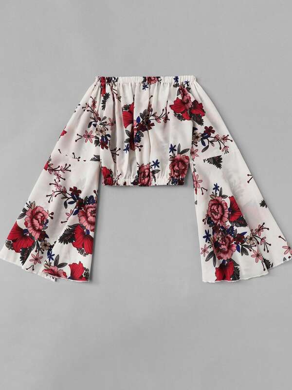 Flounce Sleeve Floral Bardot Crop Top - LuckyFash™