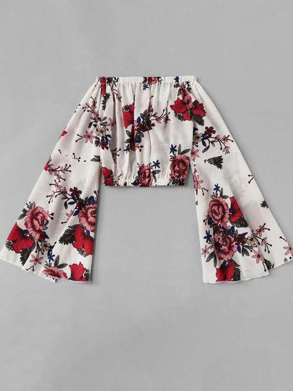 Flounce Sleeve Floral Bardot Crop Top - LuckyFash™