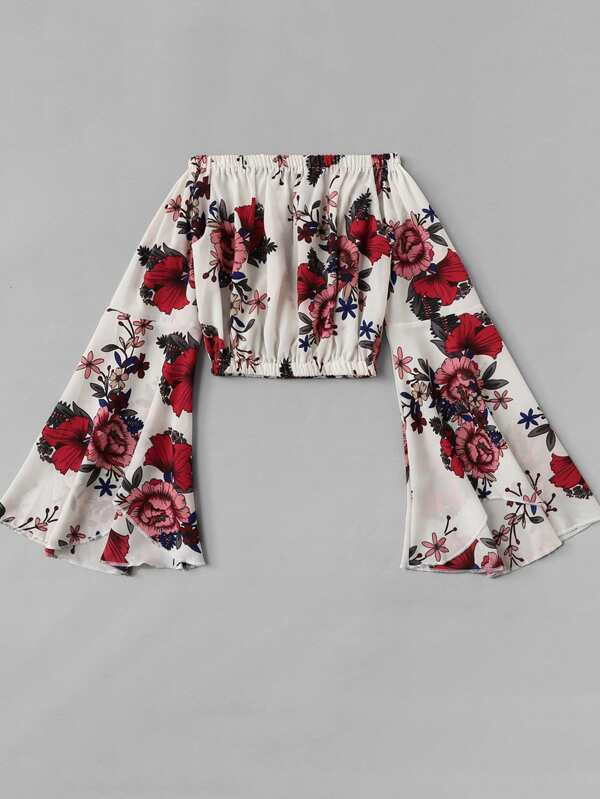 Flounce Sleeve Floral Bardot Crop Top - LuckyFash™