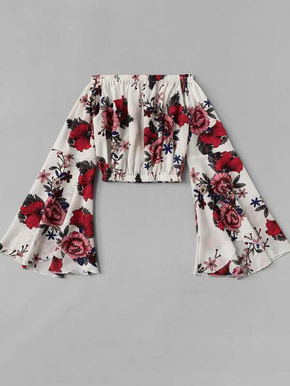 Flounce Sleeve Floral Bardot Crop Top - LuckyFash™