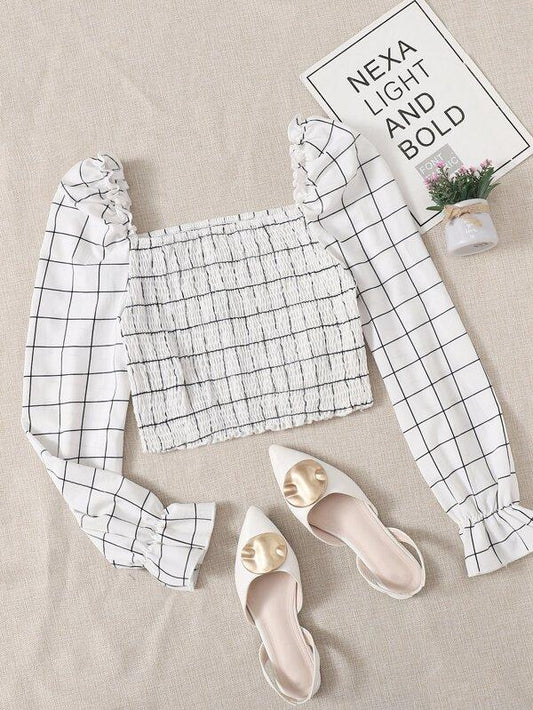 Flounce Sleeve Plaid Shirred Crop Blouse - LuckyFash™