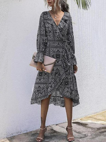 Flounce Tribal Print Midi Wrap Dress - LuckyFash™