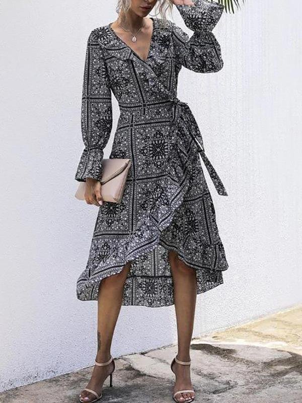 Flounce Tribal Print Midi Wrap Dress - LuckyFash™