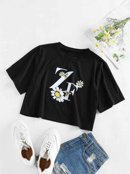 Flower Bee Letter Print Crop T-shirt - LuckyFash™
