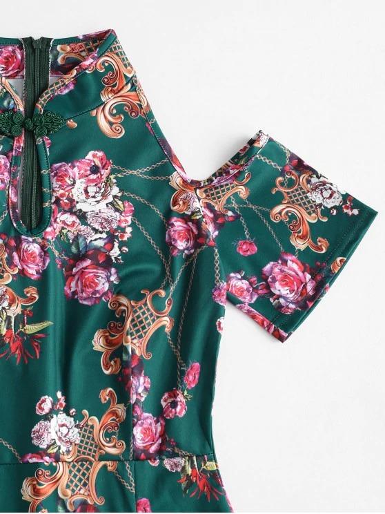 Flower Chain Print Cold Shoulder Slit Mandarin Dress - LuckyFash™