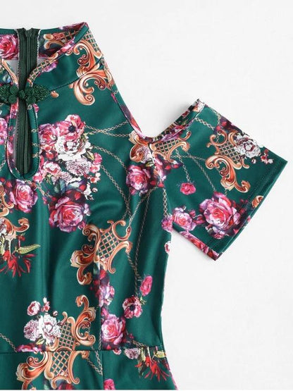 Flower Chain Print Cold Shoulder Slit Mandarin Dress - LuckyFash™