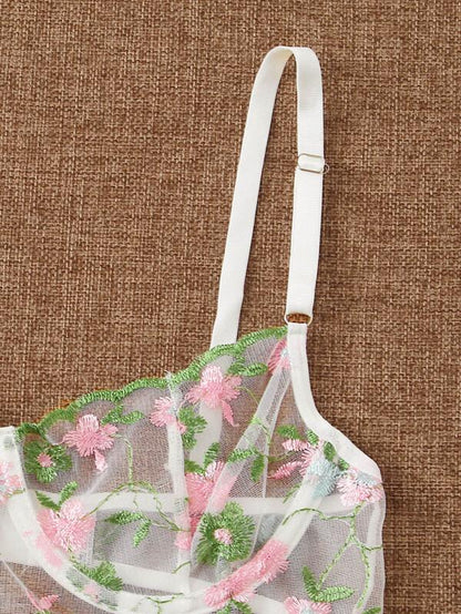 Flower Embroidery Mesh Bra & Thong & Garter - LuckyFash™