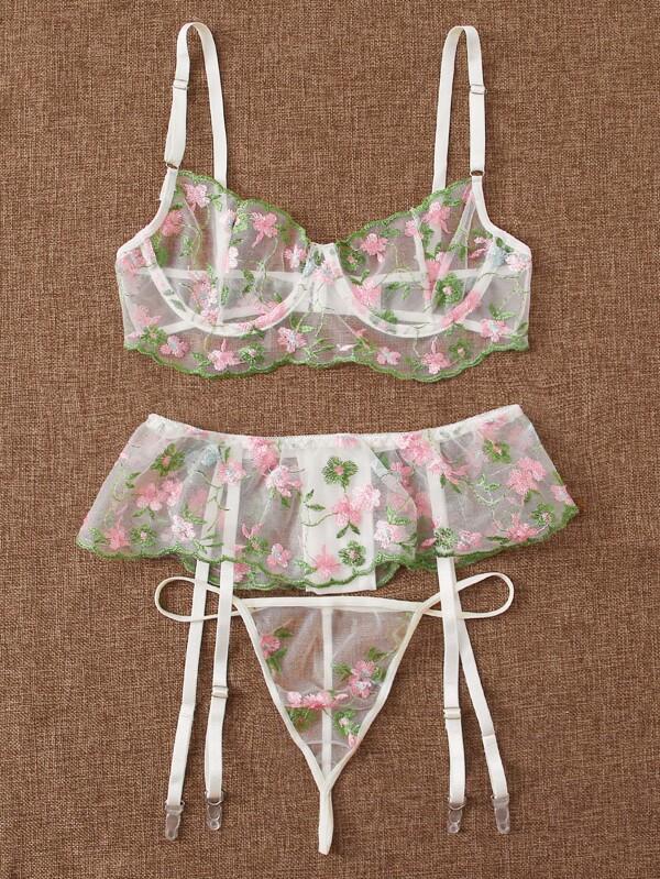 Flower Embroidery Mesh Bra & Thong & Garter - LuckyFash™