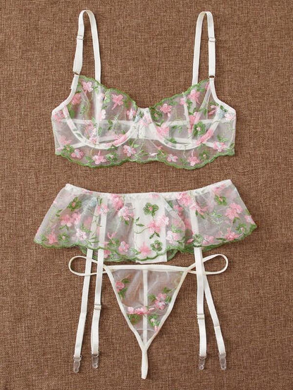 Flower Embroidery Mesh Bra & Thong & Garter - LuckyFash™
