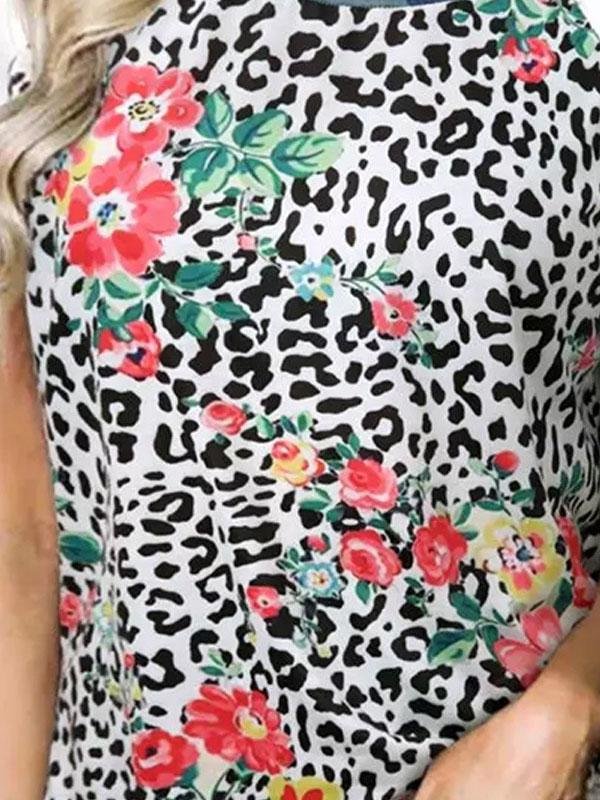 Flower Leopard Print Short Sleeve Crew Neck T-Shirt - LuckyFash™