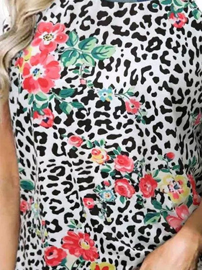 Flower Leopard Print Short Sleeve Crew Neck T-Shirt - LuckyFash™