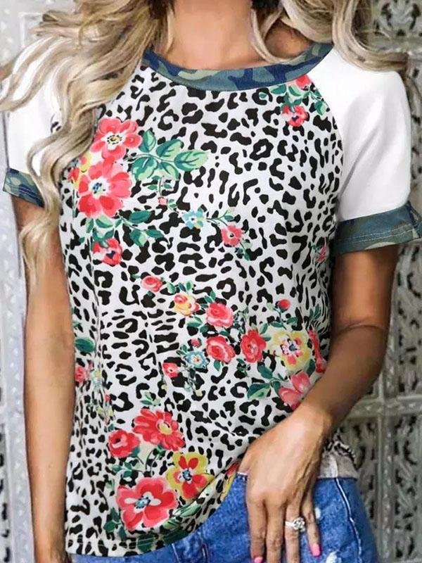 Flower Leopard Print Short Sleeve Crew Neck T-Shirt - LuckyFash™