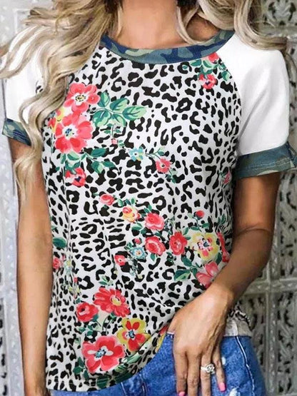 Flower Leopard Print Short Sleeve Crew Neck T-Shirt - LuckyFash™