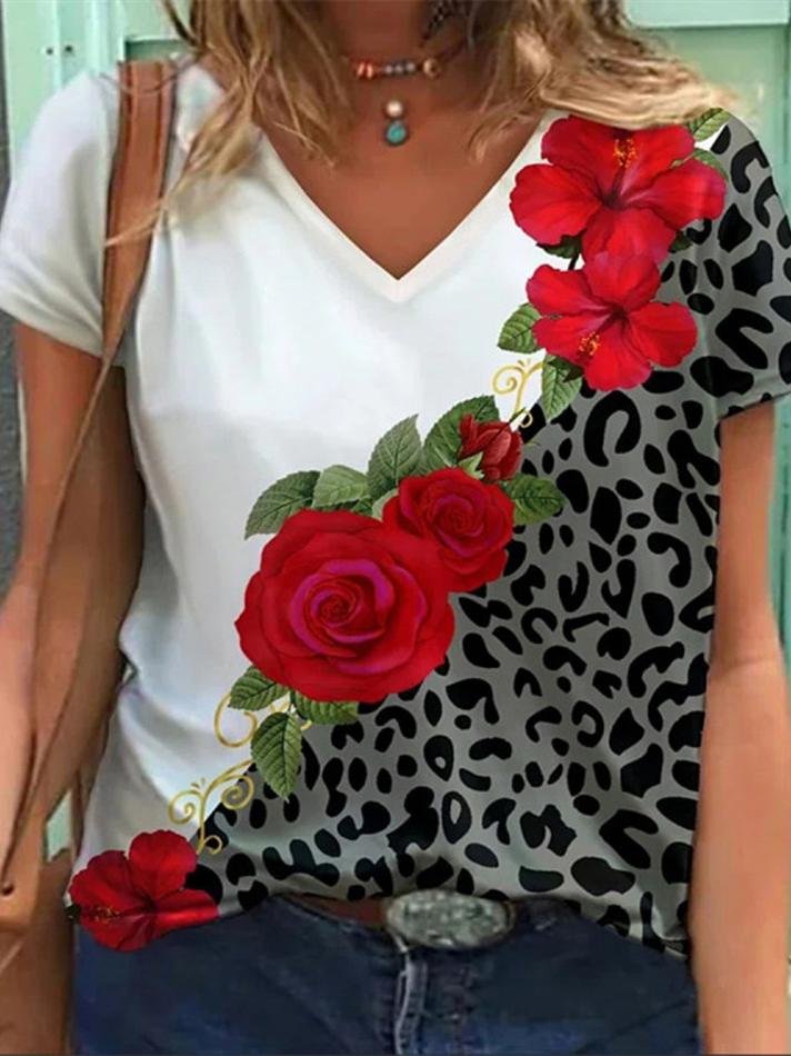 Flower Leopard Print V-Neck Short Sleeve T-Shirt - LuckyFash™