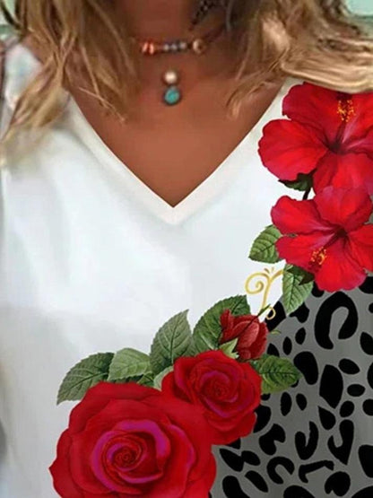 Flower Leopard Print V-Neck Short Sleeve T-Shirt - LuckyFash™