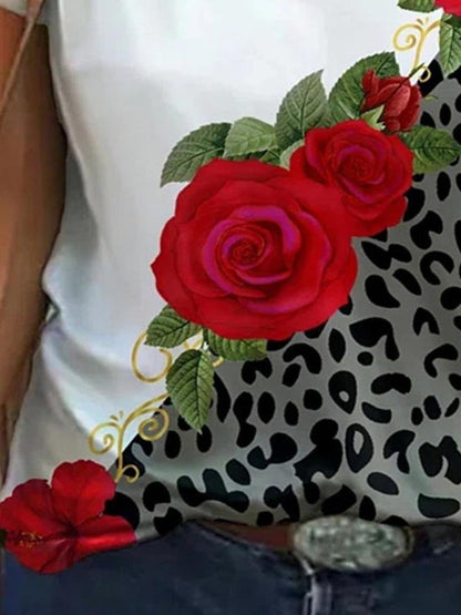 Flower Leopard Print V-Neck Short Sleeve T-Shirt - LuckyFash™