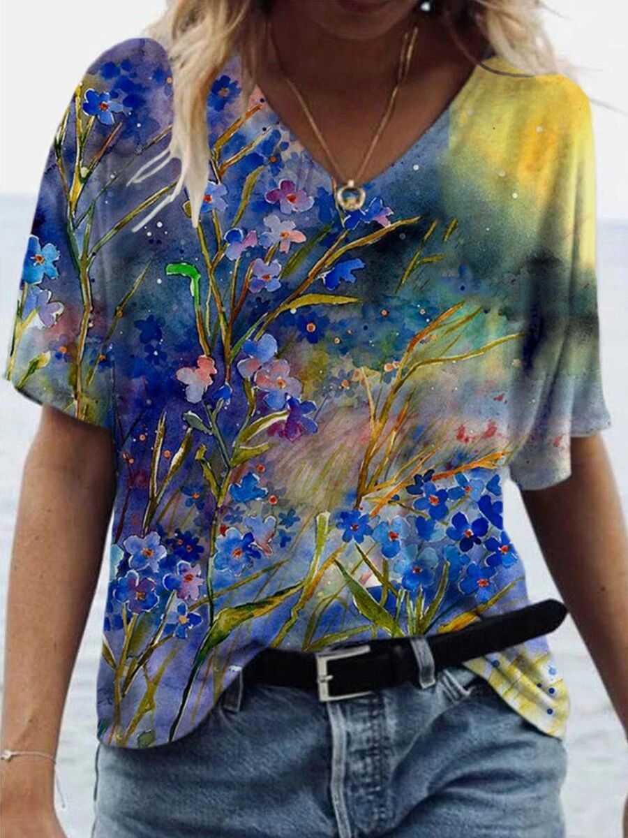 Flower Painting Print Short-sleeved T-shirt - LuckyFash™