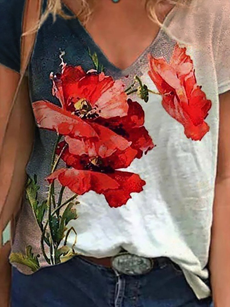 Flower Print Casual V-neck Short Sleeve T-shirt - LuckyFash™