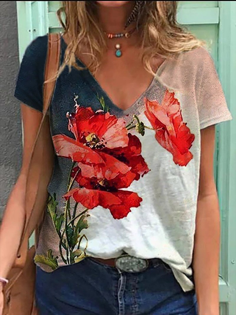 Flower Print Casual V-neck Short Sleeve T-shirt - LuckyFash™