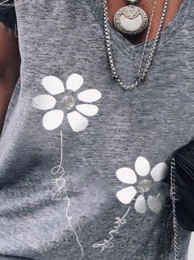 Flower Print Casual V-Neck Short Sleeve T-Shirt - LuckyFash™