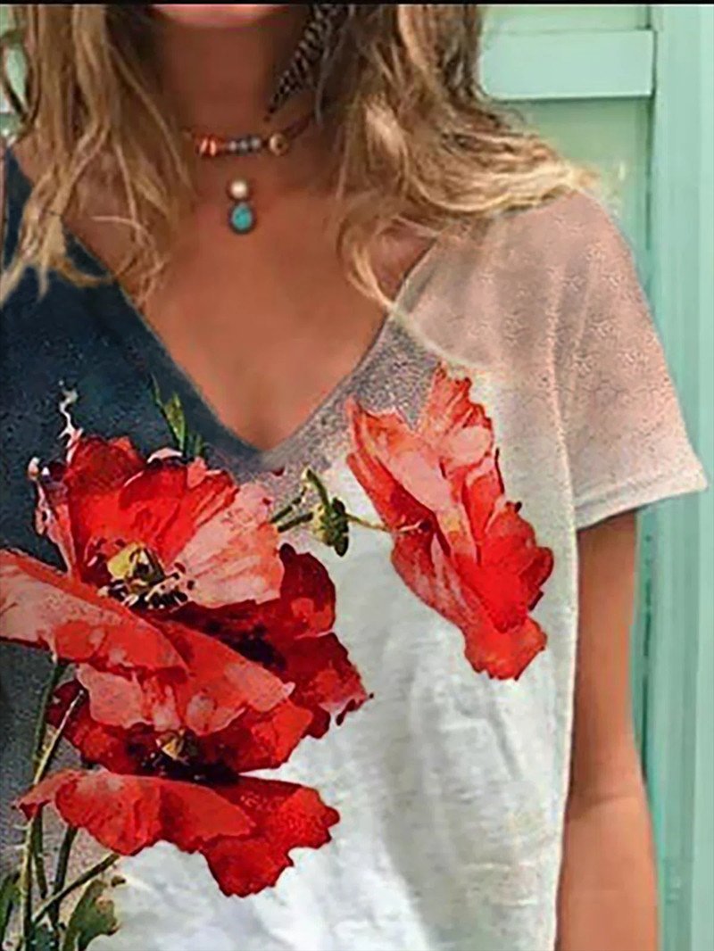 Flower Print Casual V-neck Short Sleeve T-shirt - LuckyFash™