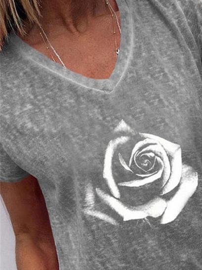 Flower Print Casual V-Neck Short Sleeve T-Shirt - LuckyFash™