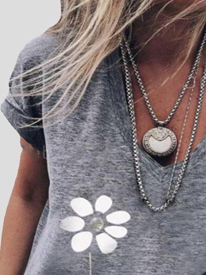 Flower Print Casual V-Neck Short Sleeve T-Shirt - LuckyFash™